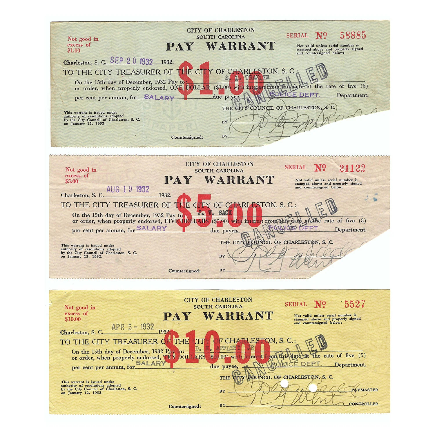 1930\'s Great Depression Pay Warrants Charleston, SC Set of Three $1, $5, $10