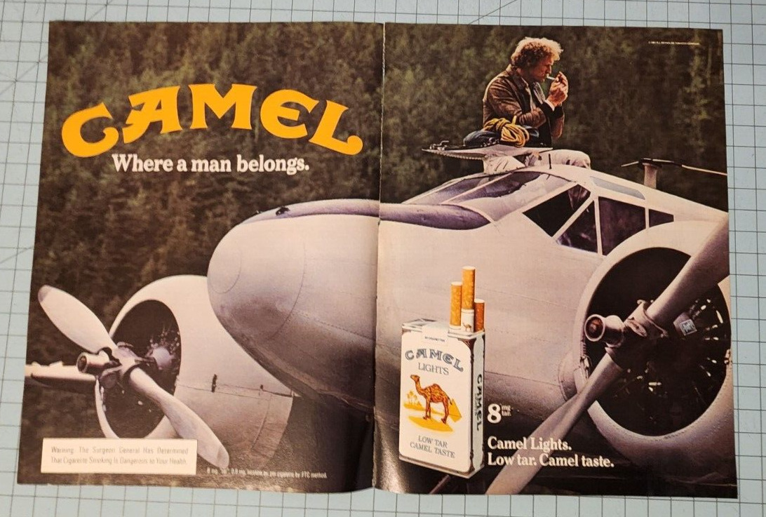 1981 Vintage 2 Page Print Ad Camel Where a man belongs Pilot Airplane Plane