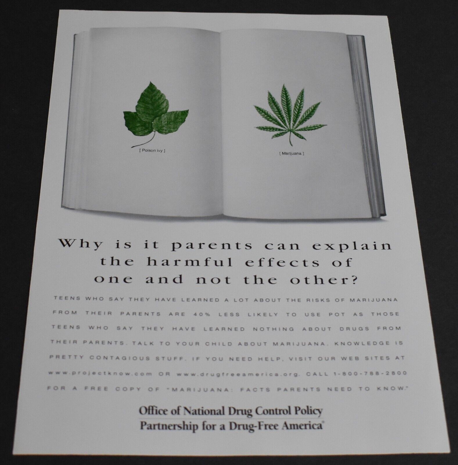 1999 Print Ad National Drug Control Policy Drug Free America Marijuana Poison