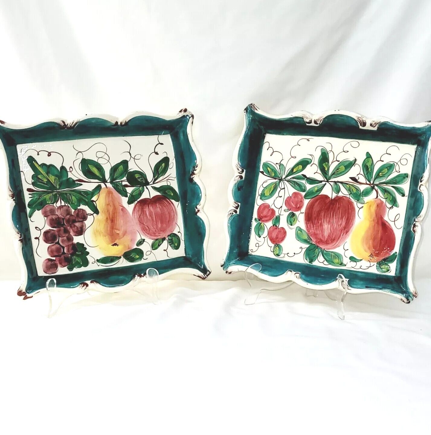 Set Of 2 Signed WCG Italy Ceramic Hand Painted Wall Art Decor With Fruit Design 