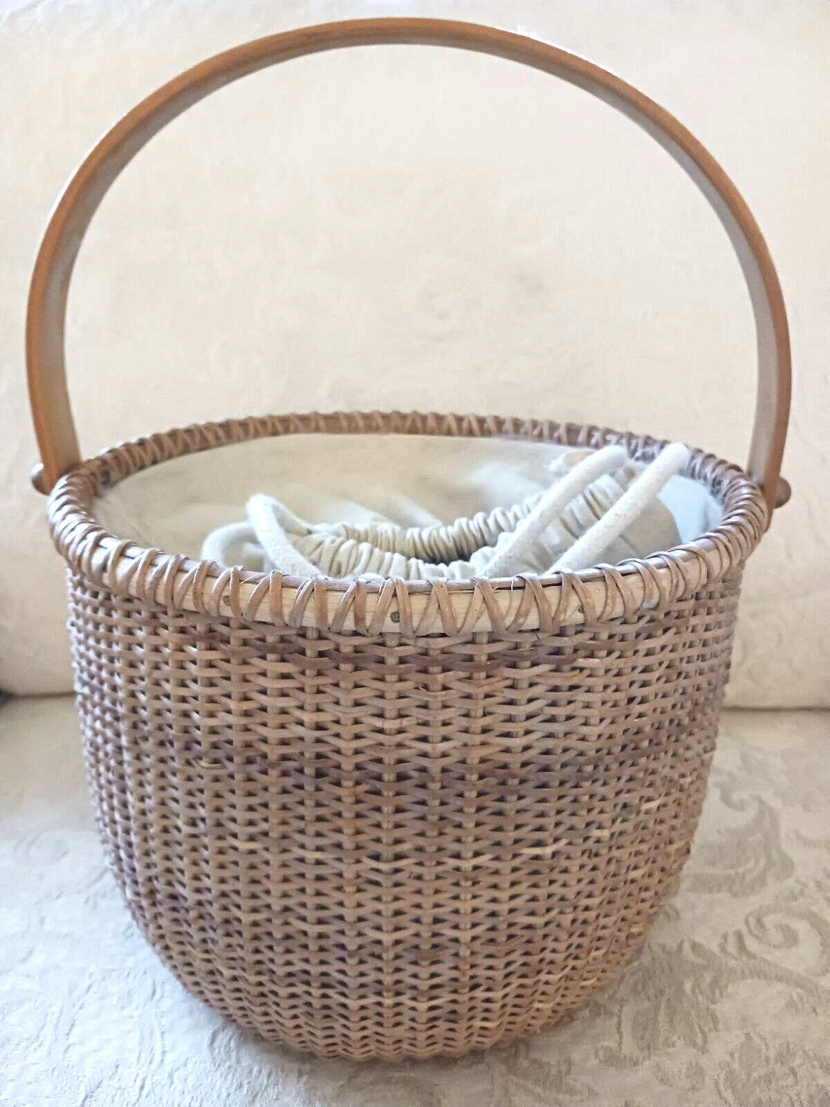 Nantucket Lightship Style Basket Lined w Beige Canvas & Draw String & Handle 9\