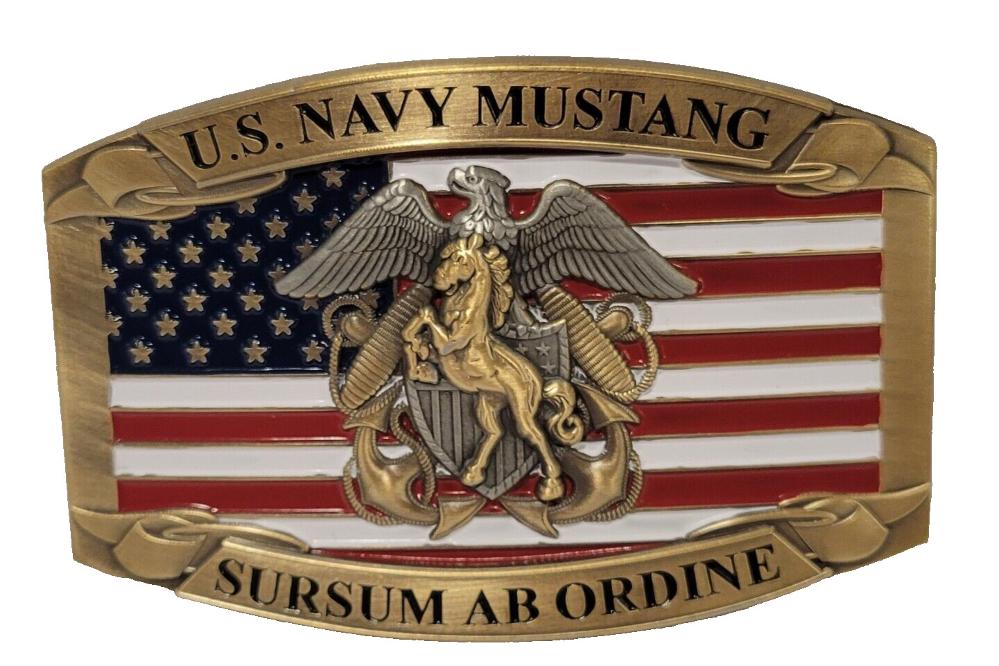 US Navy Mustang Officer Belt Buckle - Brass - Sursum Ab Ordine - 3D Horse Crest