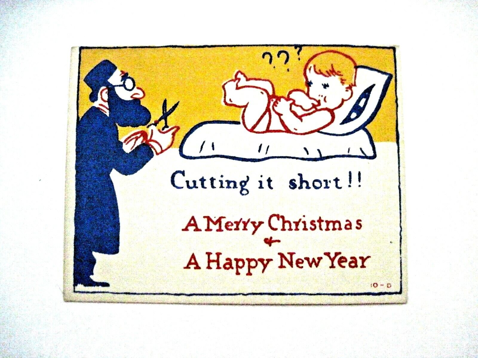 Confused Vintage Christmas Card Jewish Man w/Scissors Giving Baby Circumcision* 