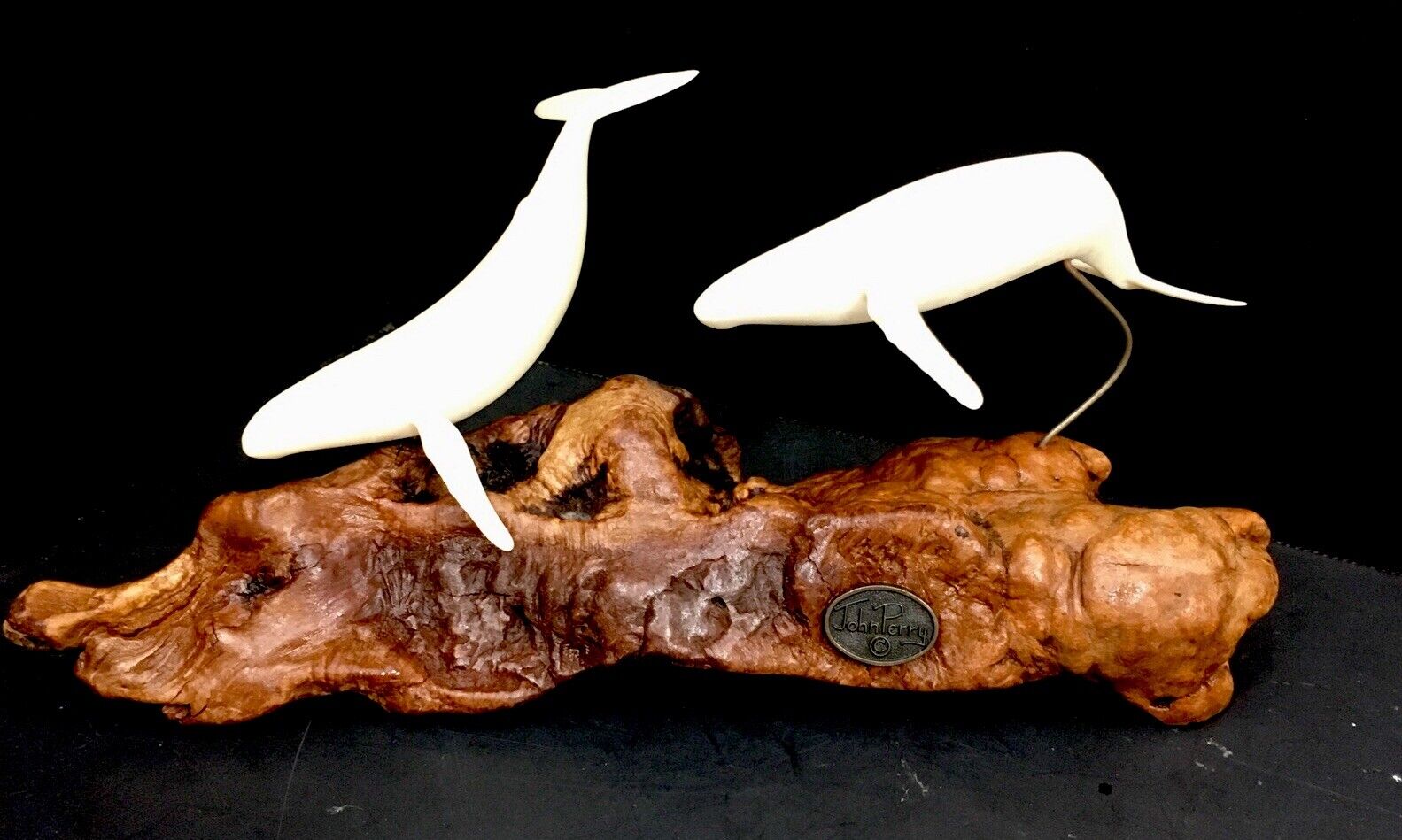 John Perry 2 White Whales Sculpture on Burl Wood