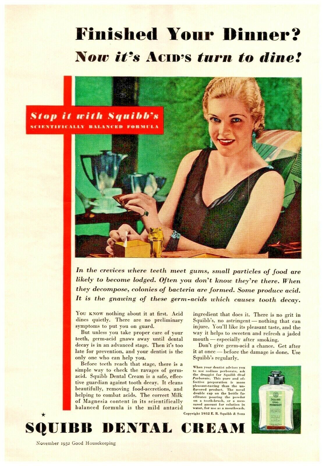 1932 Squibb Dental Cream Vintage Print Ad Finished Your Dinner Acid\'s Turn 