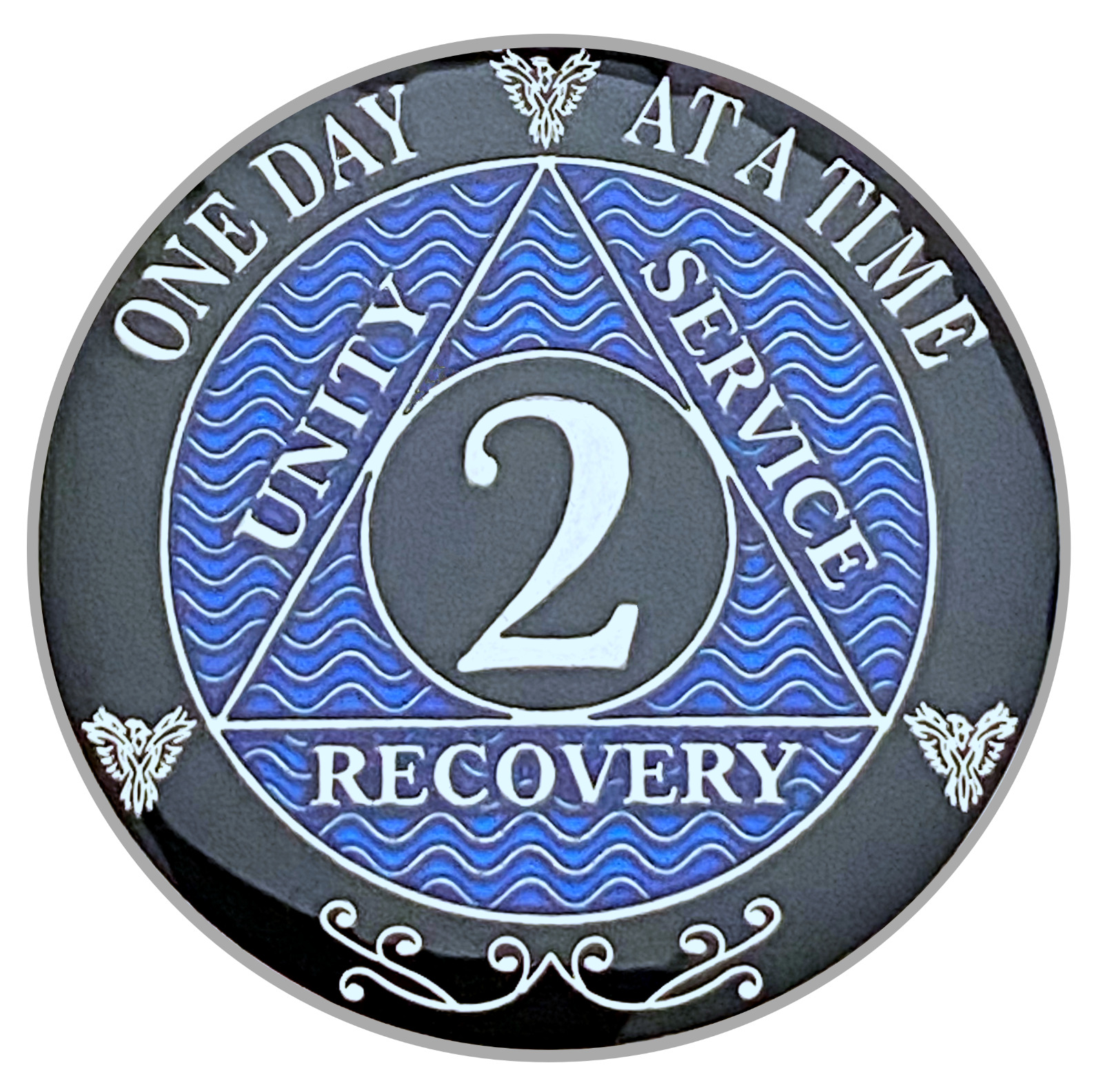 AA 2 Year Coin Blue, Silver Color Plated Medallion, Alcoholics Anonymous Coin