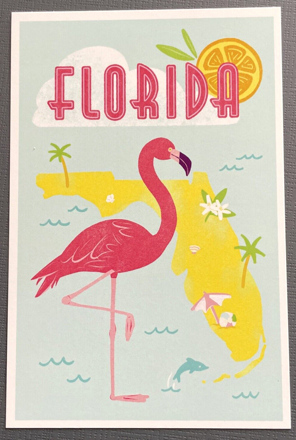 Florida - Flamingo & State Icons - Gouache - Lantern Press Postcard