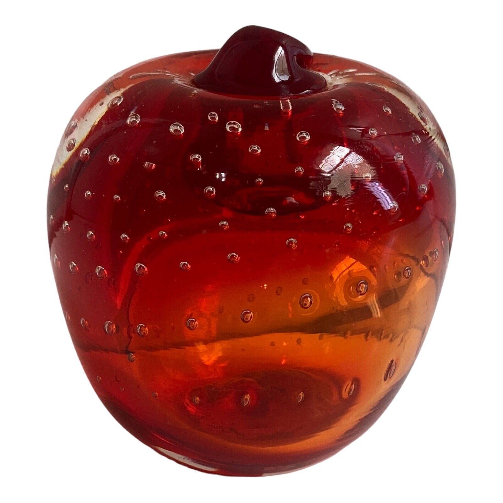 VTG Hand Blown Red Glass Apple Paperweight Controlled Bubbles Bullicante Japan