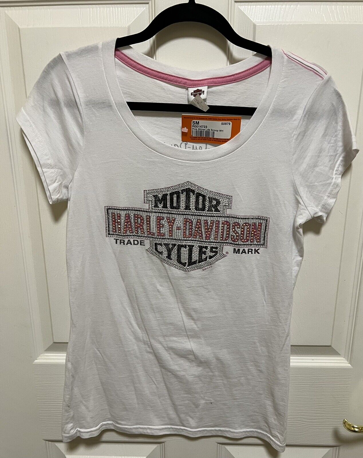 Harley Davidson Women’s S Pink Sequined White T Shirt SS Round Neck Cancun New