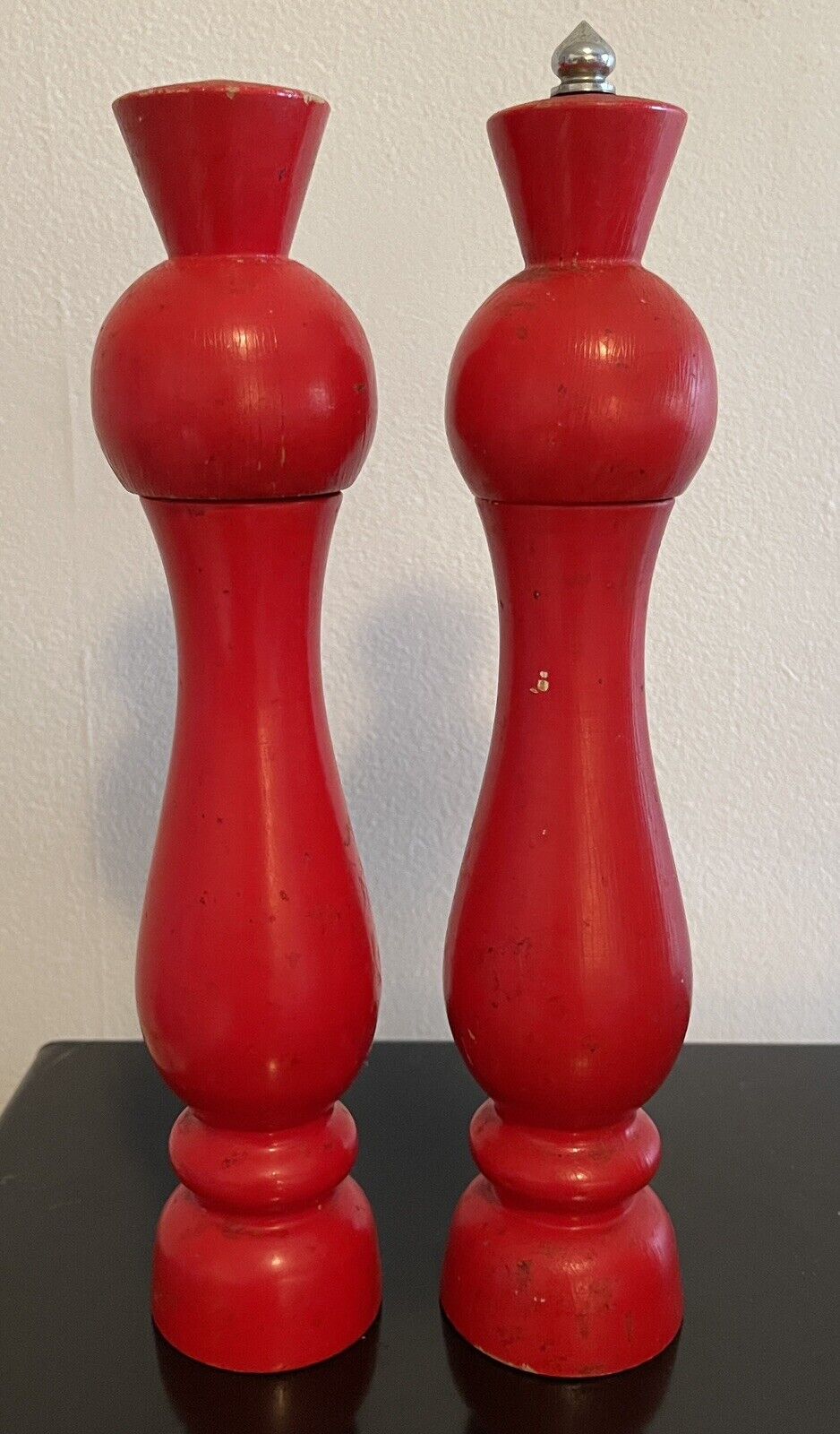Vintage True Red Wood Salt Shaker and Pepper Mill Farmhouse 10” Tall Preowned