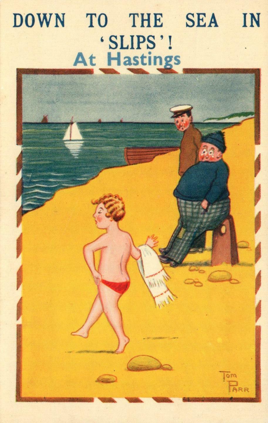 VINTAGE RUDE COMIC Tom Parr Illust DOWN TO THE SEA IN SLIPS AT HASTINGS POSTCARD