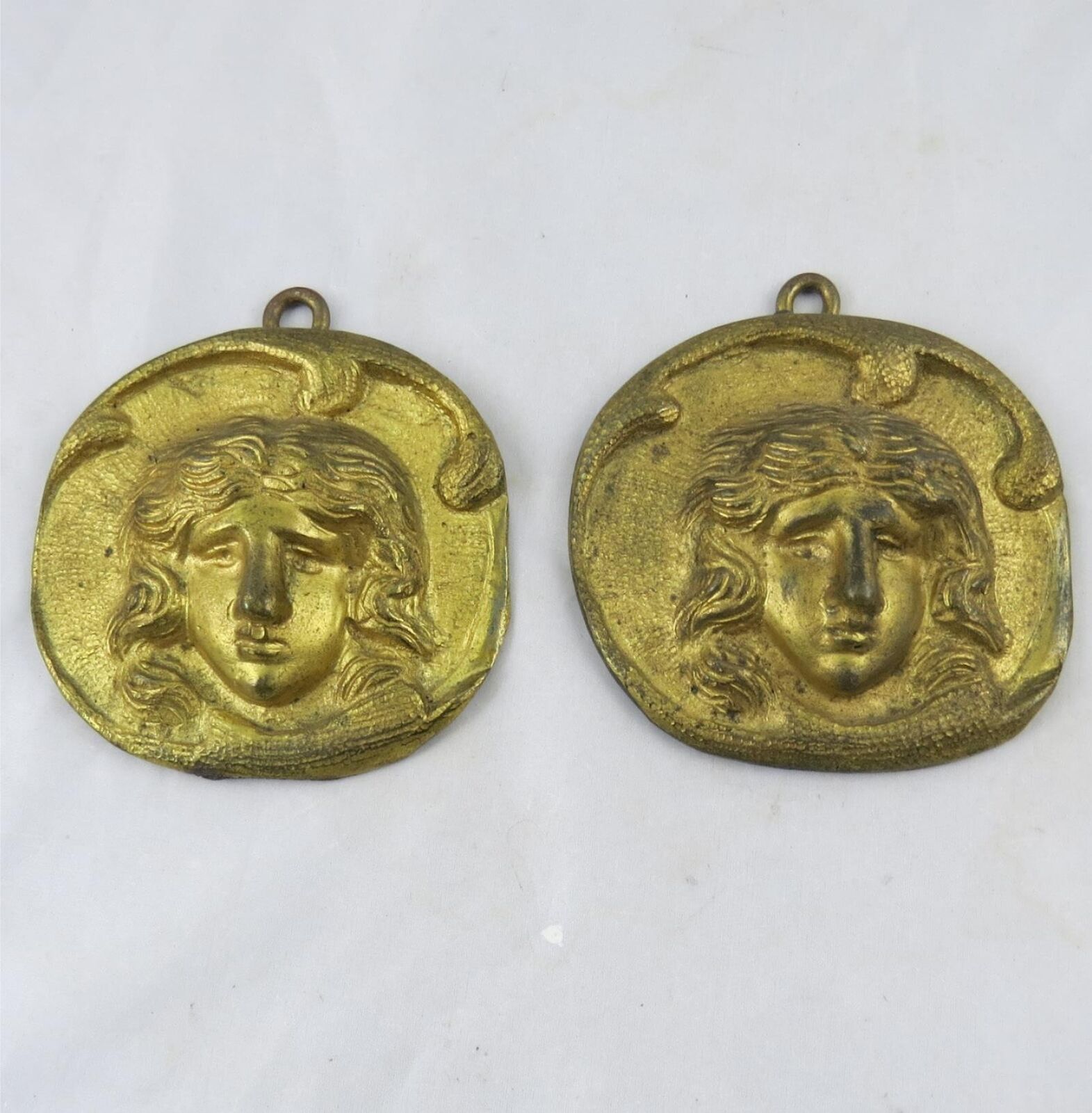 Pair 19th C Bronze Face in Relief Hanging Medallions 4-1/4\