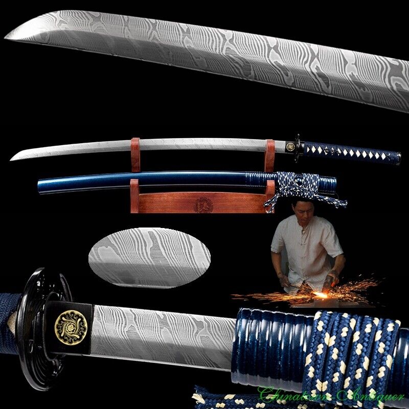 Ladder Pattern Damascus Steel Nihonto Samurai Sword Japanese Katana Sharp #1191