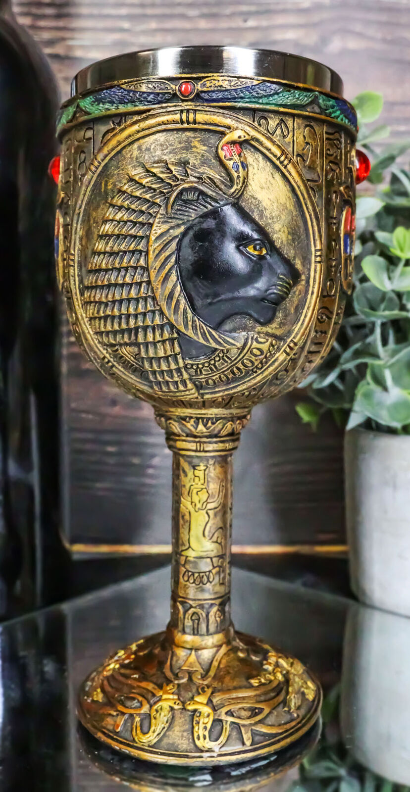 Ebros Egyptian Sekhmet 6oz Resin Wine Goblet Chalice With Stainless Steel Liner