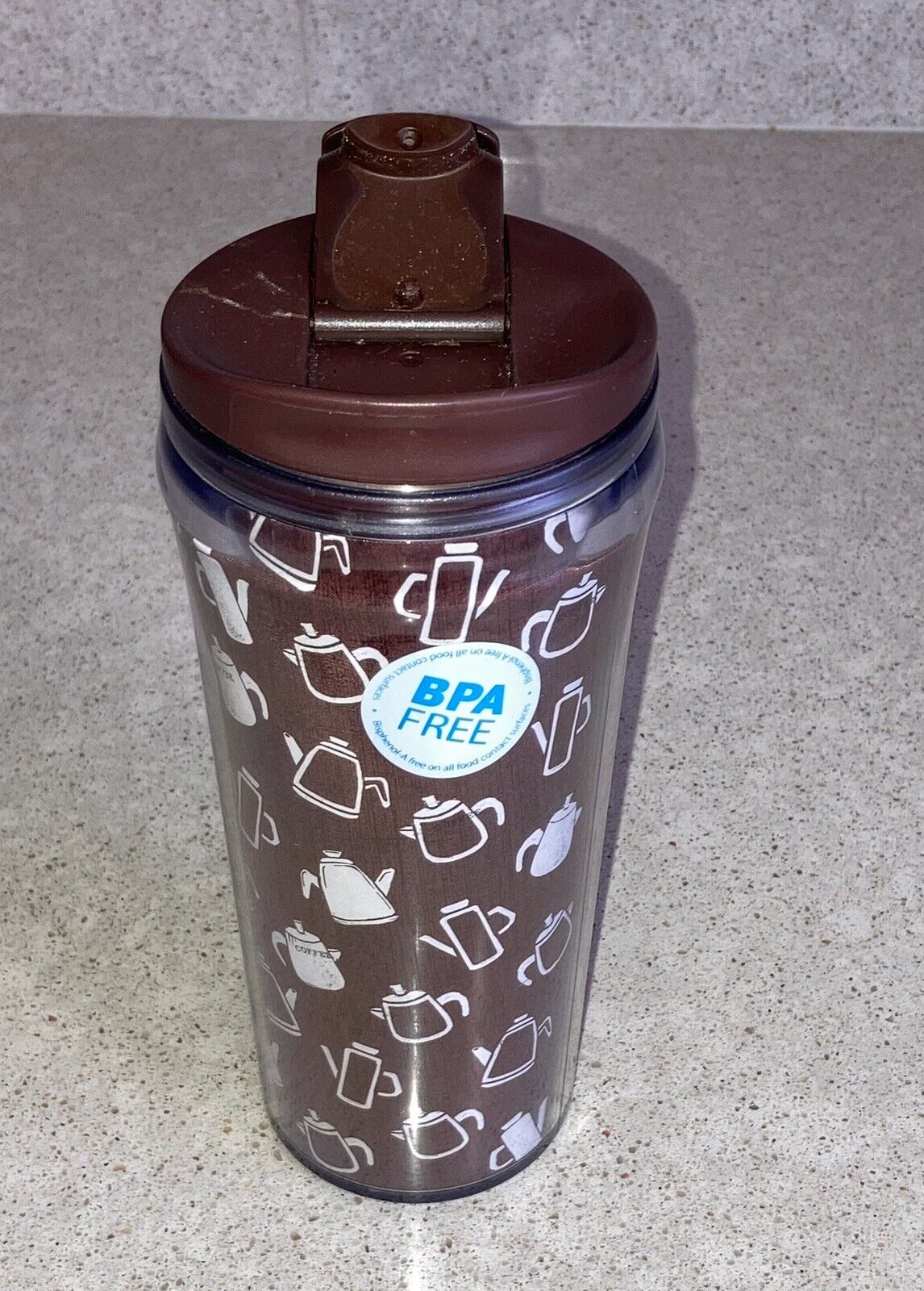 ALADDIN 16 oz PLASTIC INSULATED TRAVEL CUP COFFEE POT PERCOLATOR THEME BPA FREE