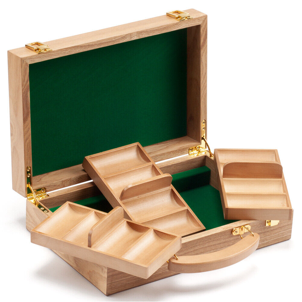 300 Count Oak Solid Wood Casino Chip Case with Wooden Chip Trays