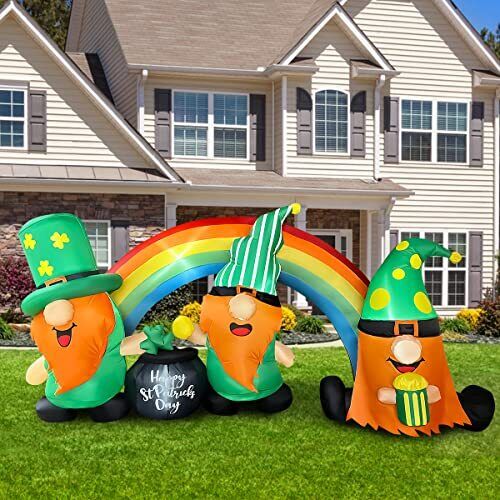 BLOWOUT FUN 8ft Inflatable St. Patrick's Day 3 Gnomes with Rainbow Decoration...