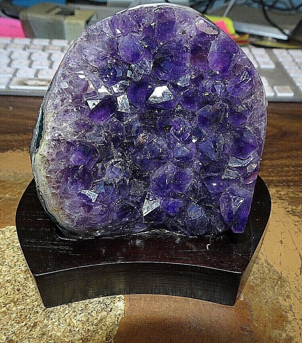 LARGE AMETHYST CRYSTAL CLUSTER GEODE  URUGUAY CATHEDRAL WOOD STAND; 