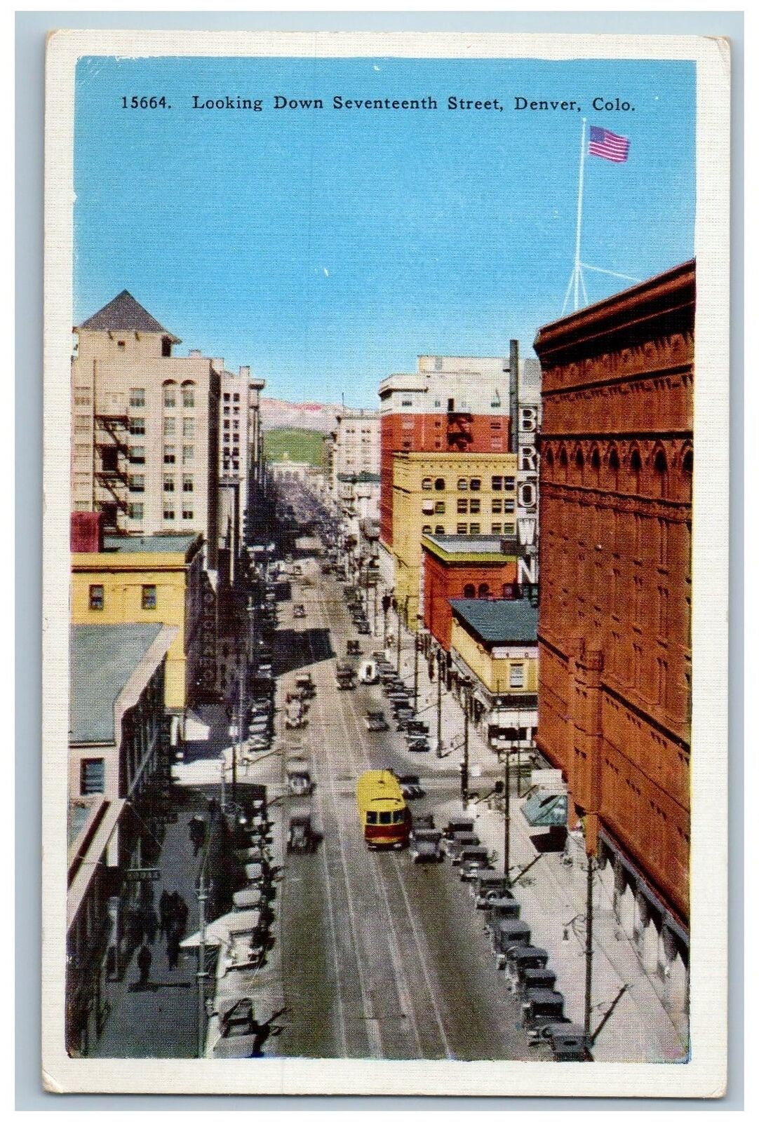 Denver Colorado CO Postcard Looking Down Seventeenth Street c1940s Buildings Car