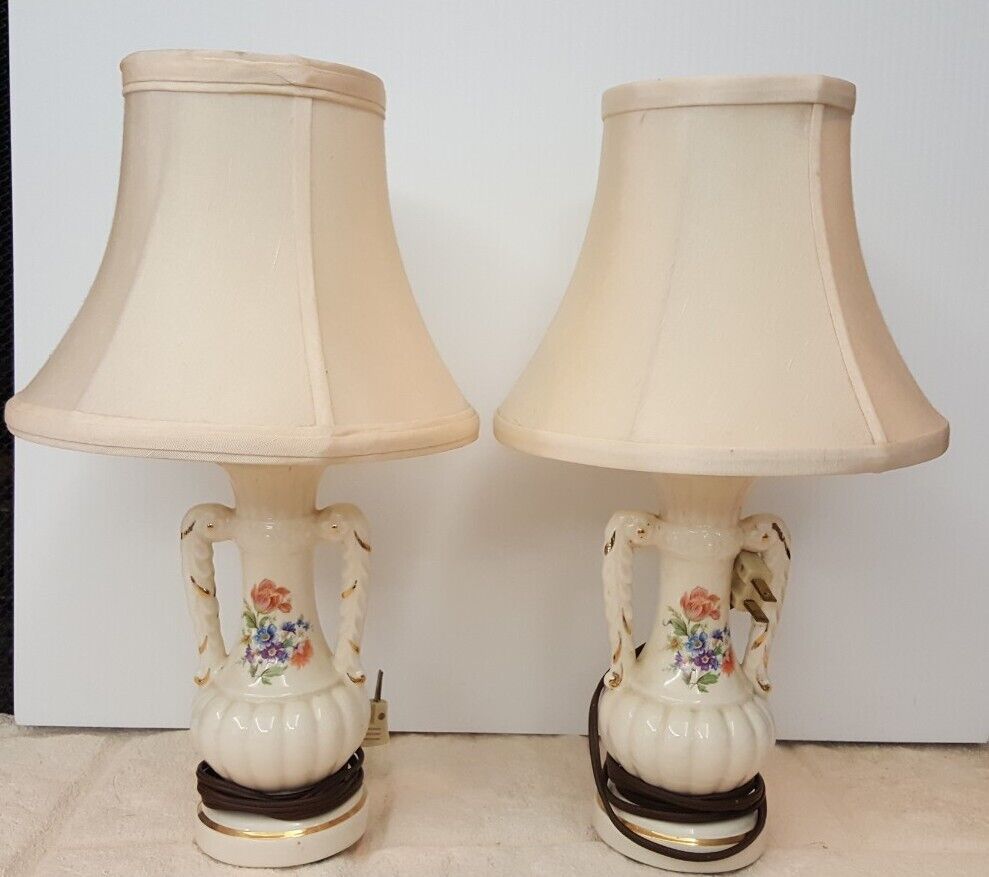 Beautiful Matching Bone China Lamps with Floral Design & Scrolled Handles