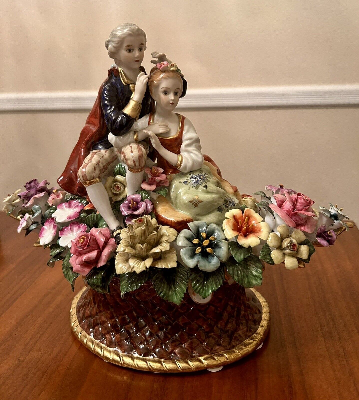 Courtship in a Basket of Flowers Rococo Inspired Porcelain Figurine