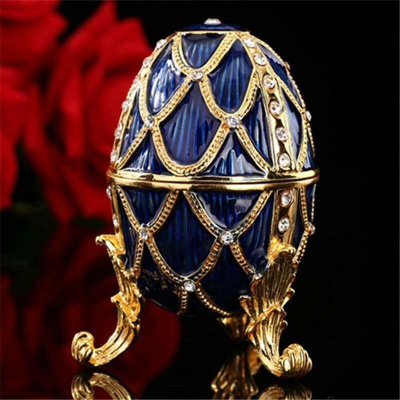 Blue Faberge Russian Inspired Easter Egg Figurine Decorative Trinket Jewelry Box