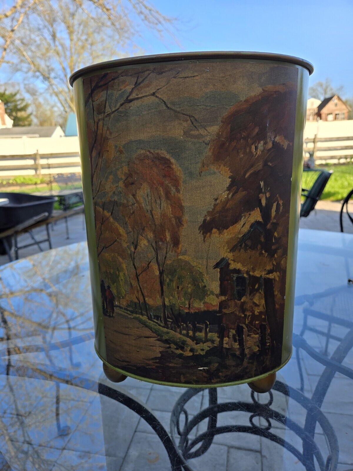 Plymouth Tole Trash Can Waste Basket Hand Painted Vintage 