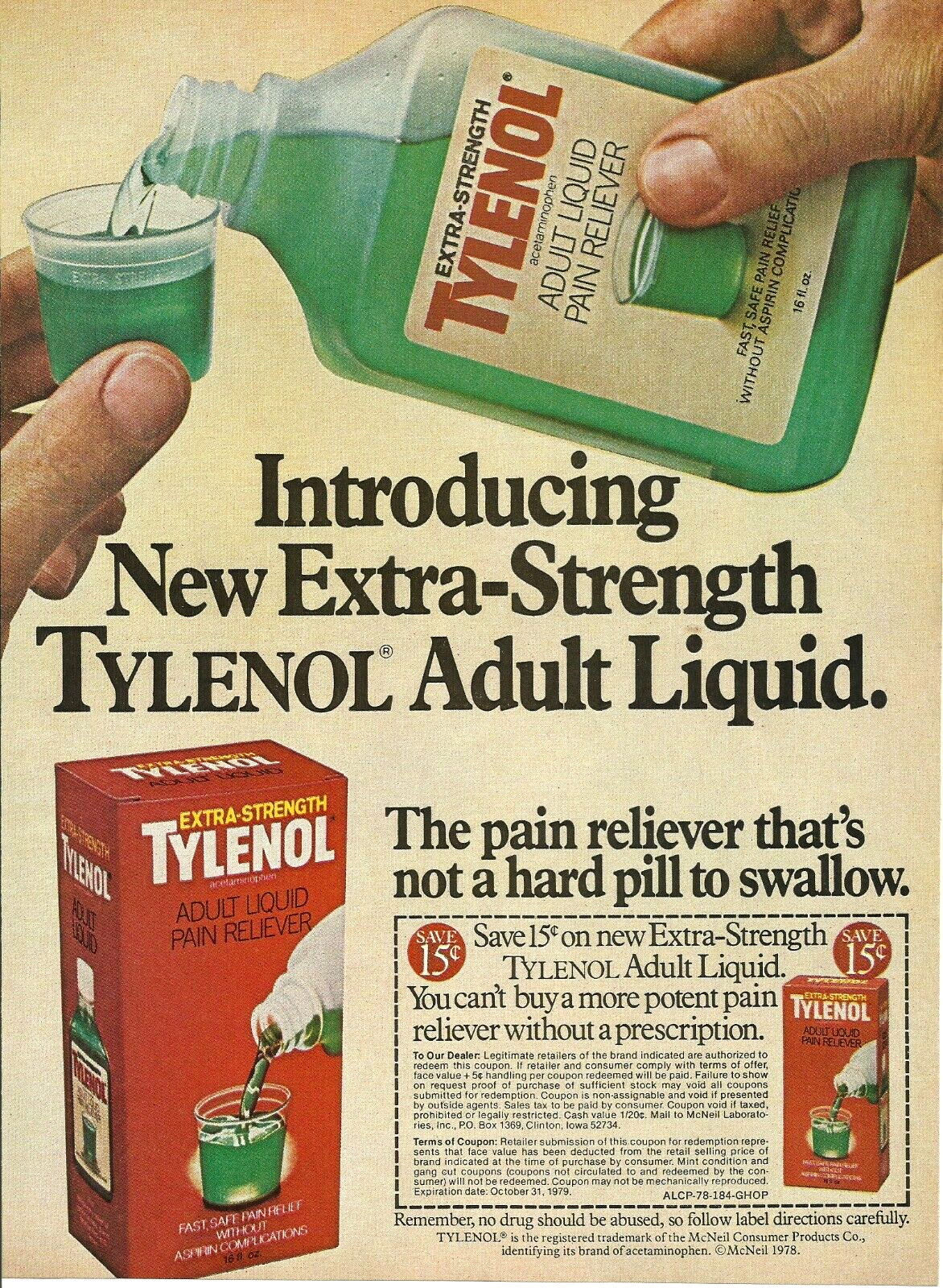 1978 Tylenol Pain Reliever Liquid Medicine vintage Print Ad 70\'s Advertisement
