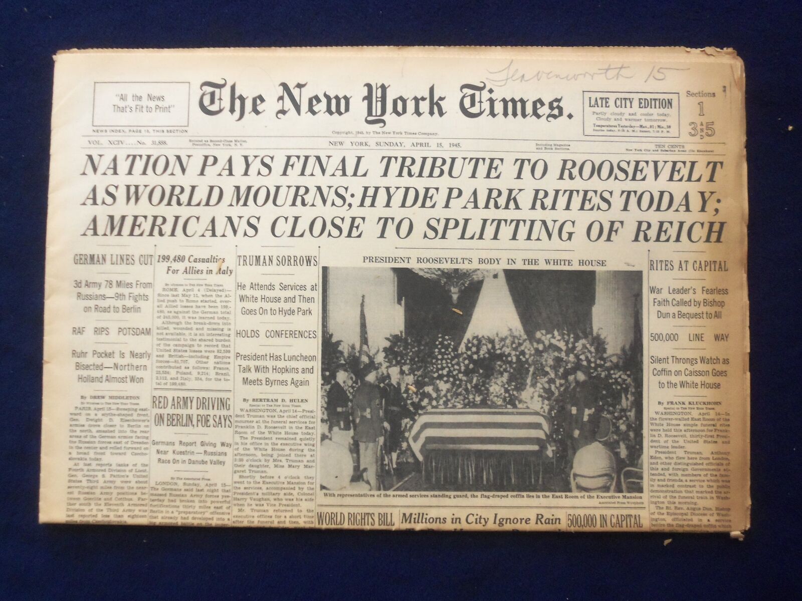 1945 APRIL 15 NEW YORK TIMES - NATION PAYS FINAL TRIBUTE TO ROOSEVELT - NP 6468