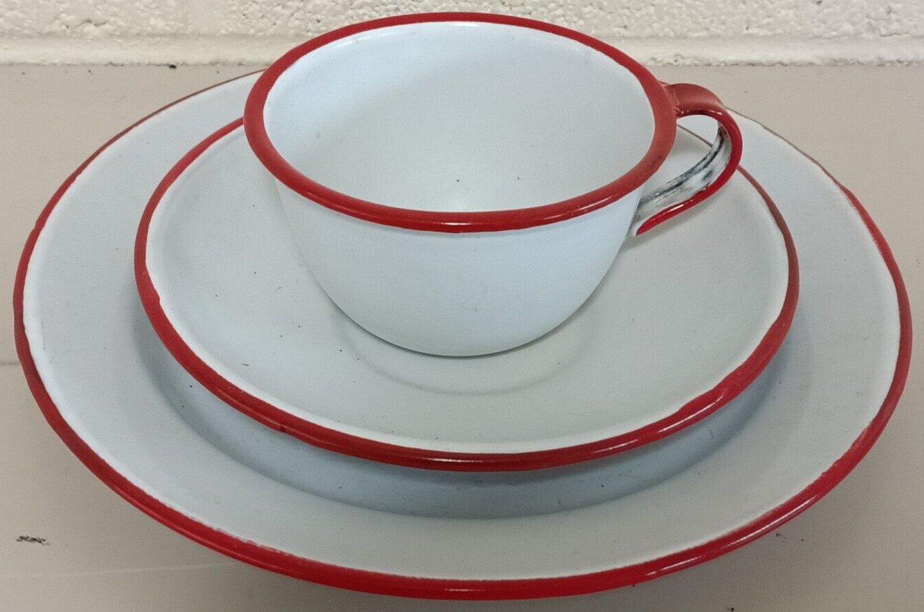 Enamelware Rustic Vintage White with Red Rims 3 Pc. Set