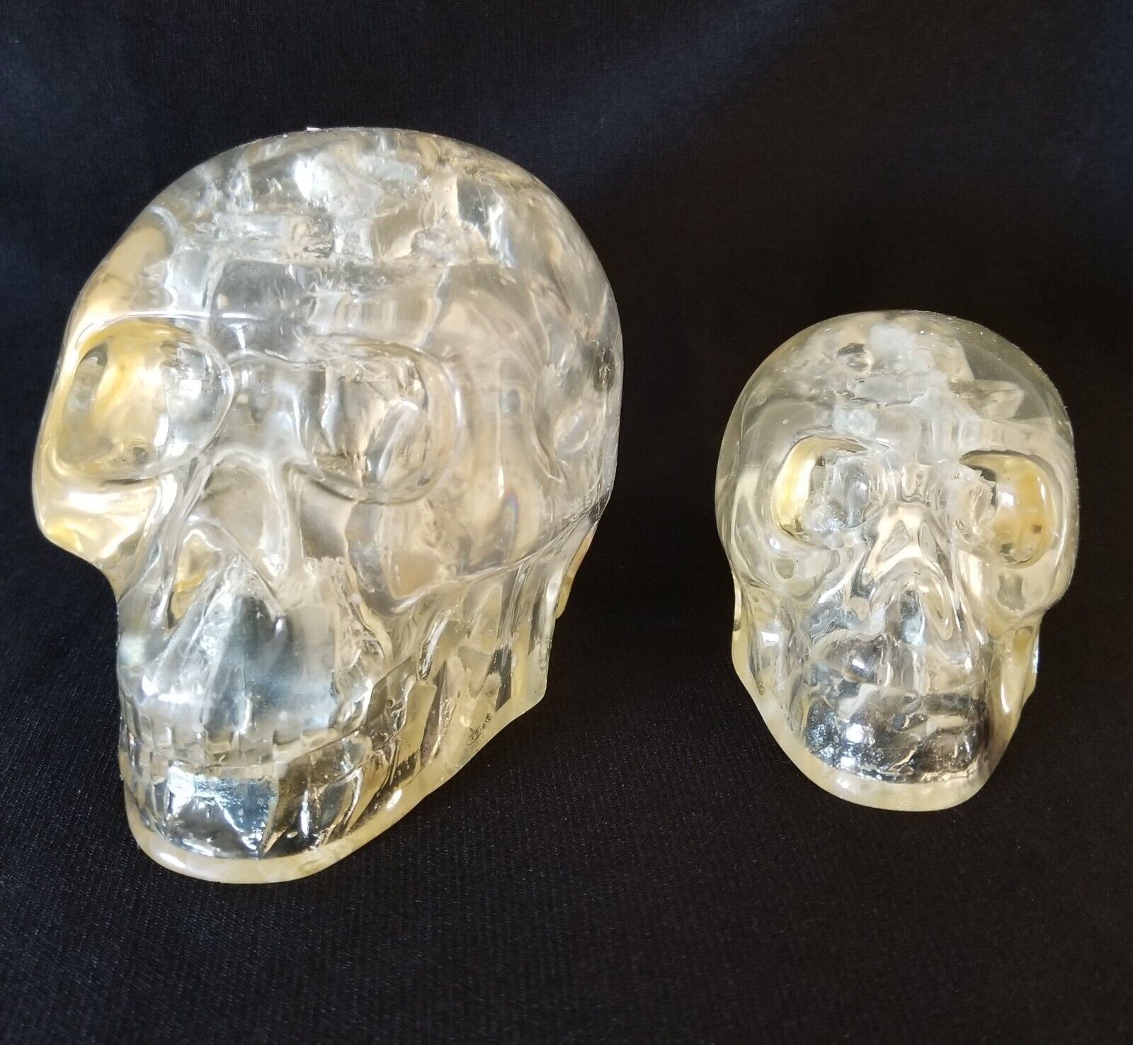 2 Clear Lucite Skull Art Sculpture Paperweights Spiritual Halloween Mid-Century 