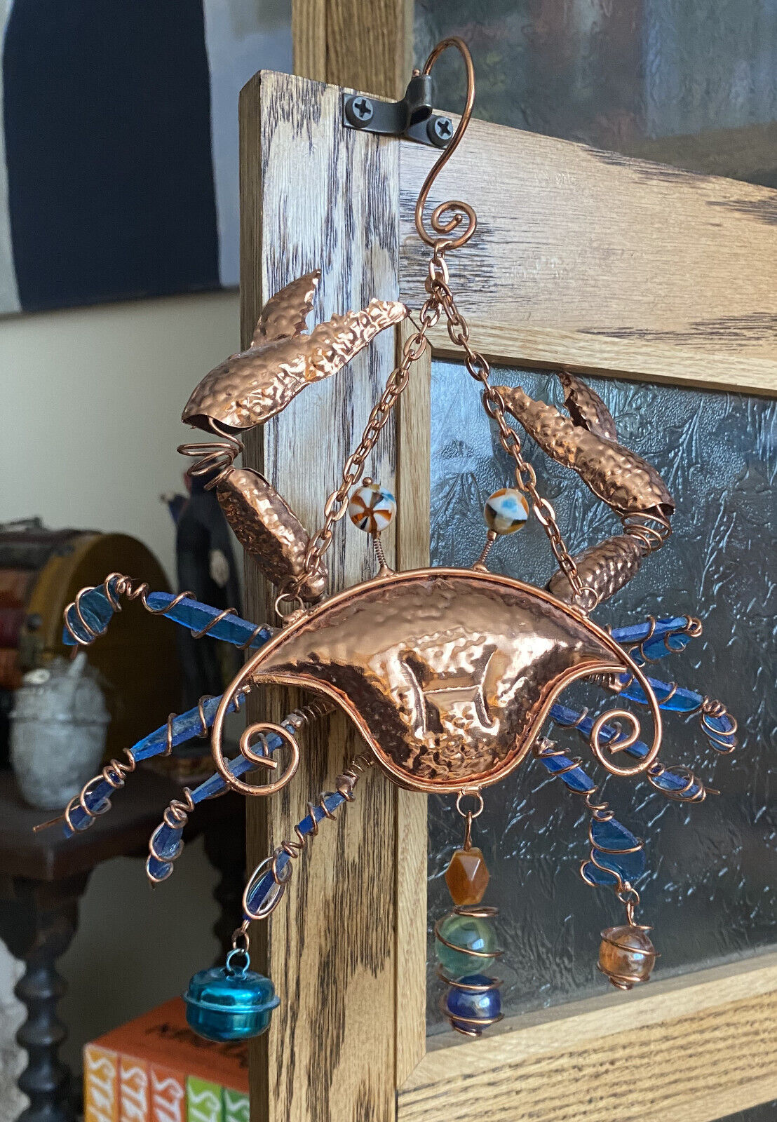 Hammered Copper Wire and Bead Crab Wall Hanging Kitchen / Bathroom Decor Art