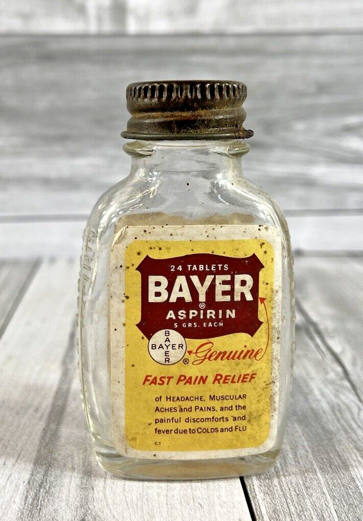 Vintage Bayer Aspirin Empty Glass Bottle with Metal Top Advertisement A