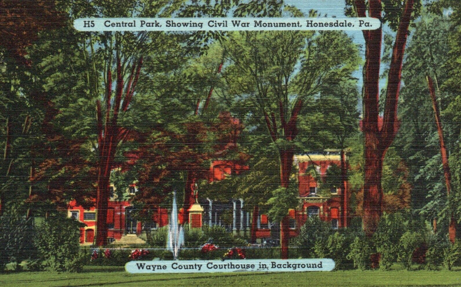 Honesdale, PA, Central Park, Civil War Monument, Linen Vintage Postcard e3903