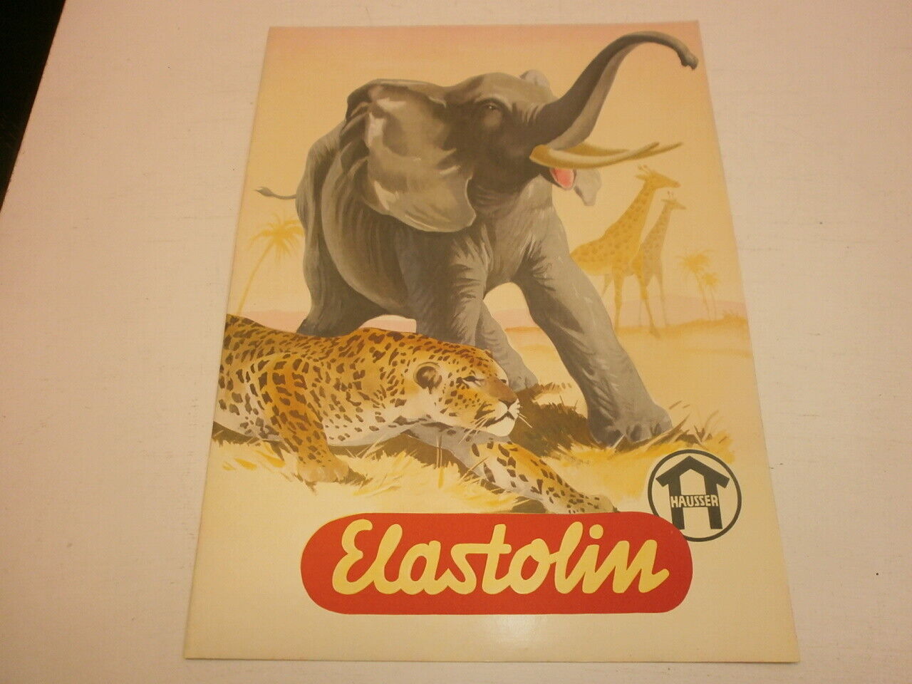 Old Hausser Elastolin Adv Advertising Poster with Animals Elephant Leopard