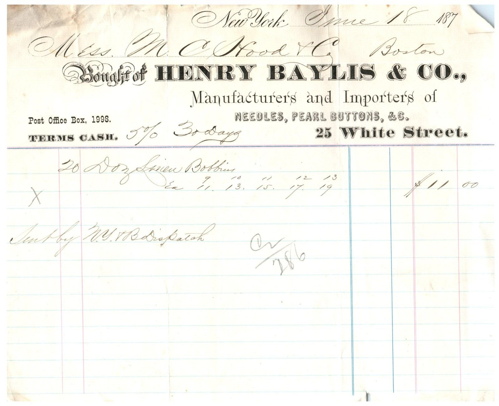 Antique 1800s Billhead Receipt Vintage Document Henry Baylis Needles NY