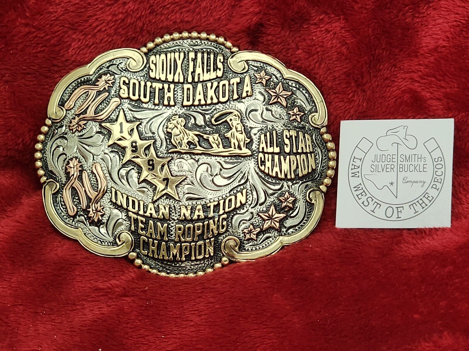 RODEO INDIAN TEAM ROPING CHAMPION TROPHY BELT BUCKLE☆SIOUX FALLS S.D.☆1997☆367