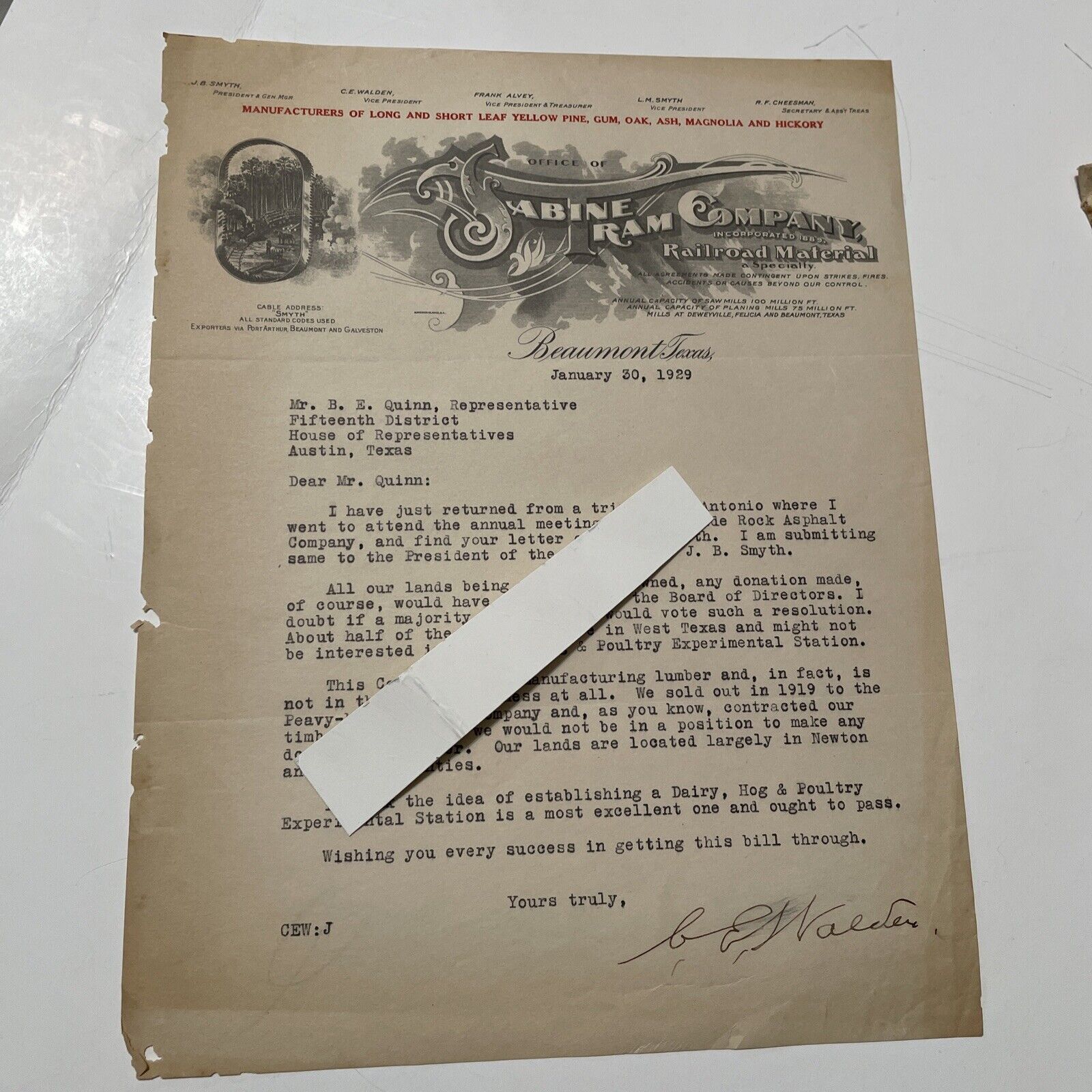 Sabine Tram Company Letter 1929 signed C. E. Walden Letterhead Texas Ephemera