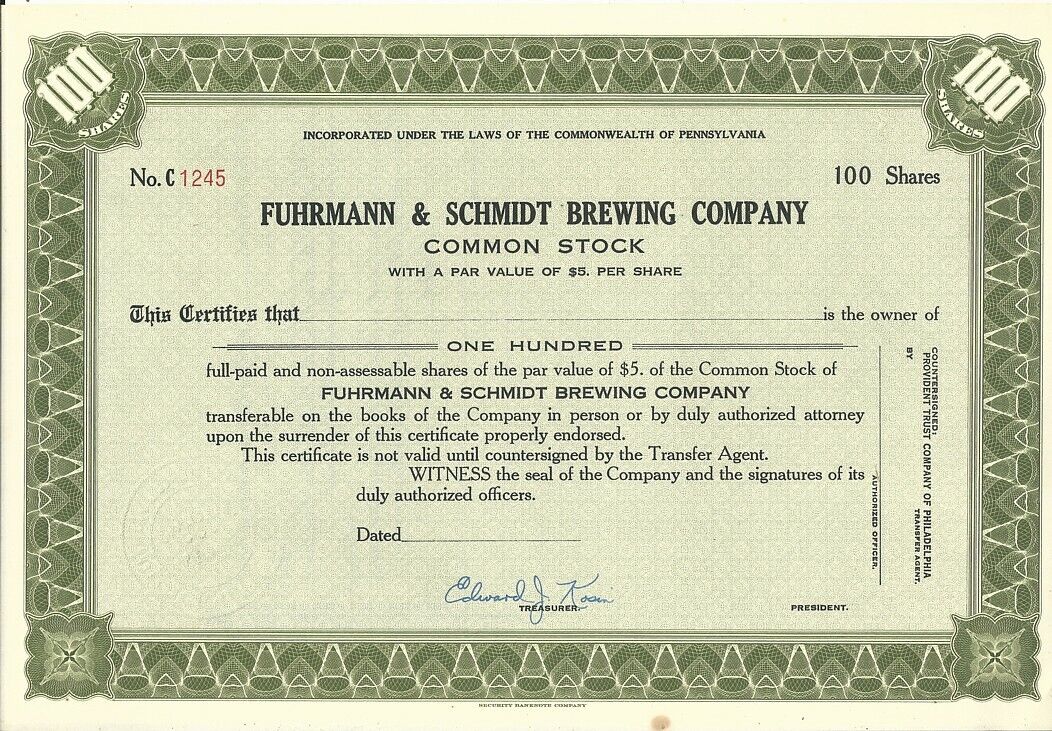 1960\'s Fuhrmann & Schmidt Brewing Co. Common Stock Certificate - Shamokin, PA