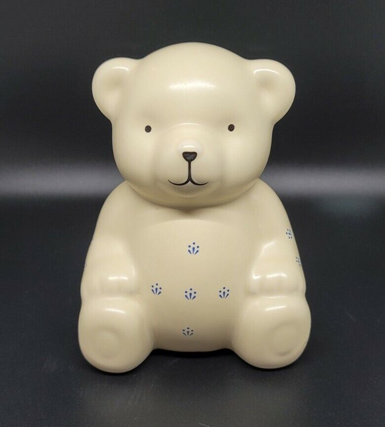 VINTAGE Sweet Faced Little TEDDY BEAR Pottery Planter Cream with Blue Flowers 