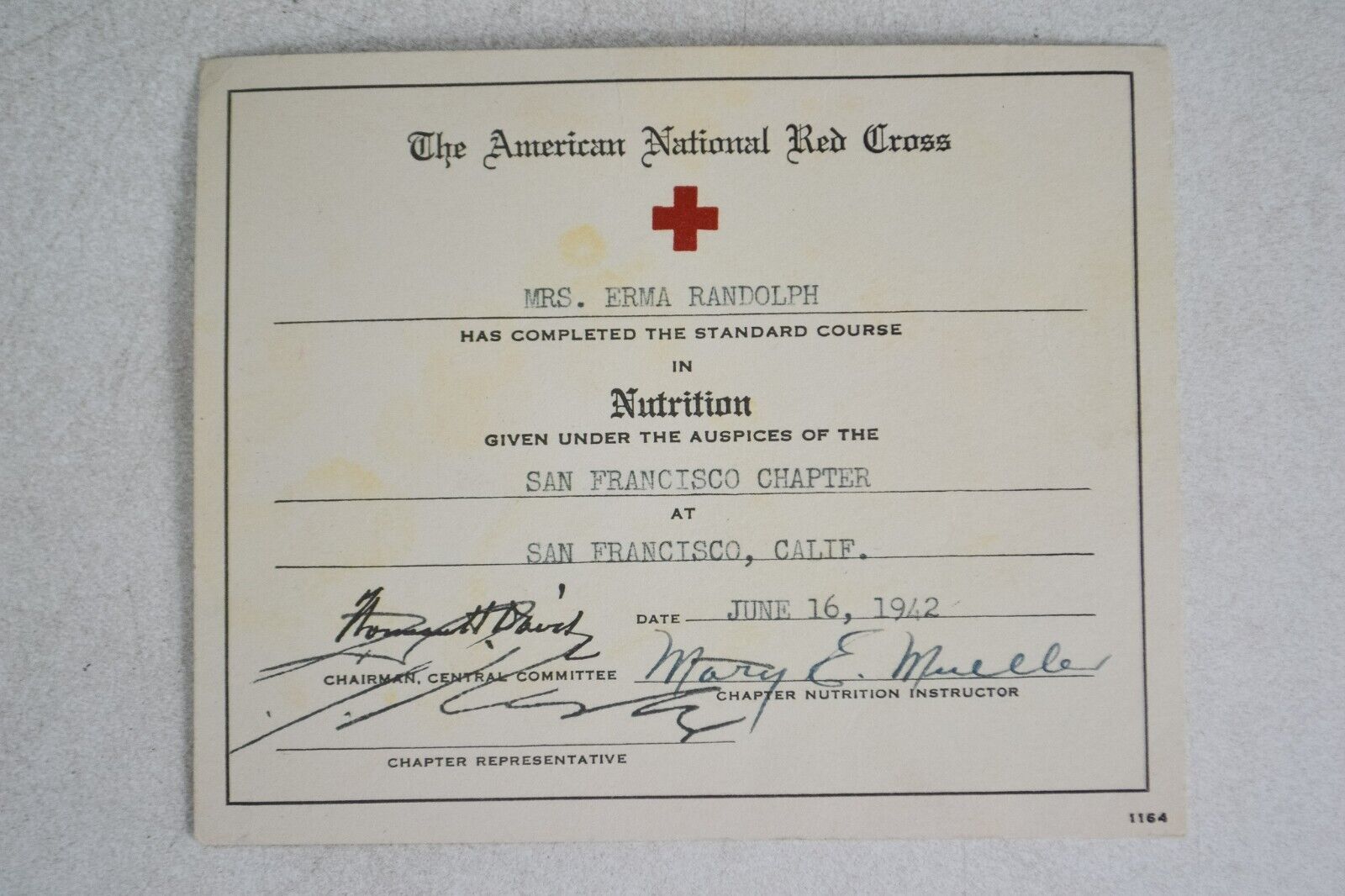 WWII Ephemera 1942 Red Cross Certificate in Nutrition for a Mrs. Erma Randolph