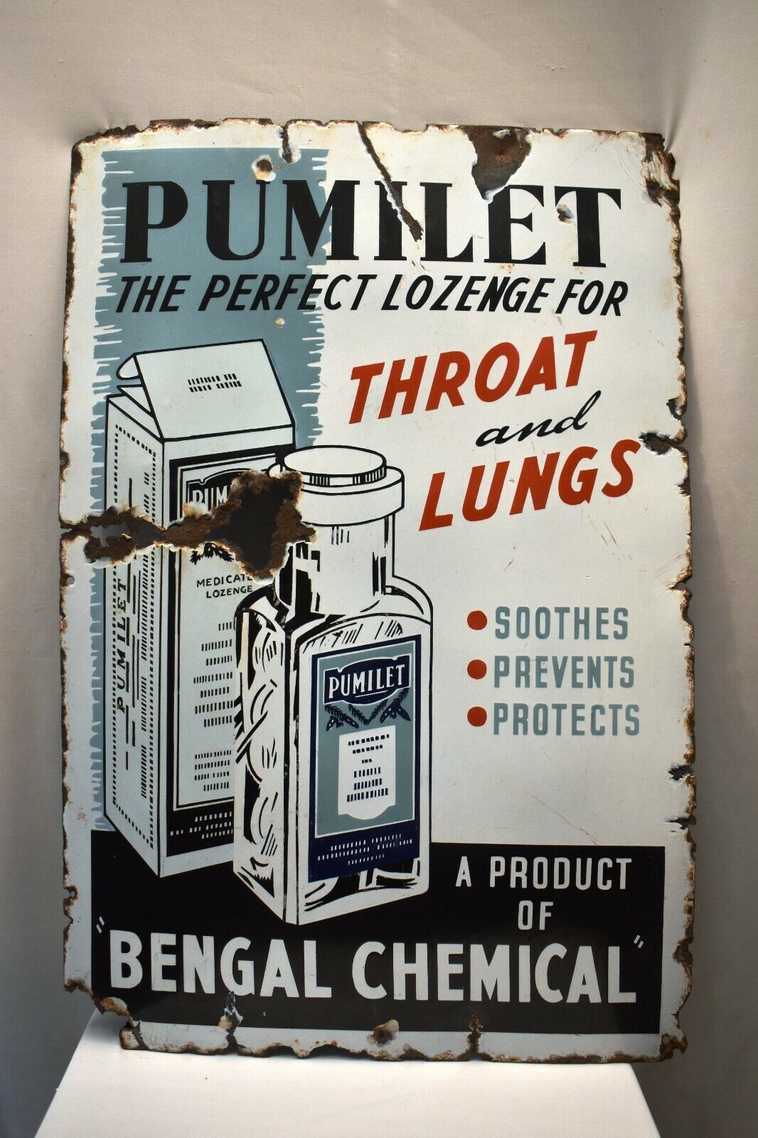 Vintage Porcelain Enamel Sign Pumilet Lozenge For Throat & Lungs Medicine Adve\