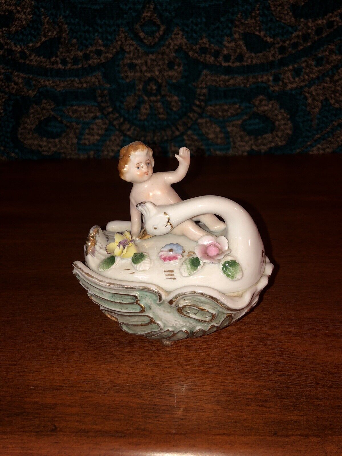 Cherub And Swan Box-Vintage Ceramic