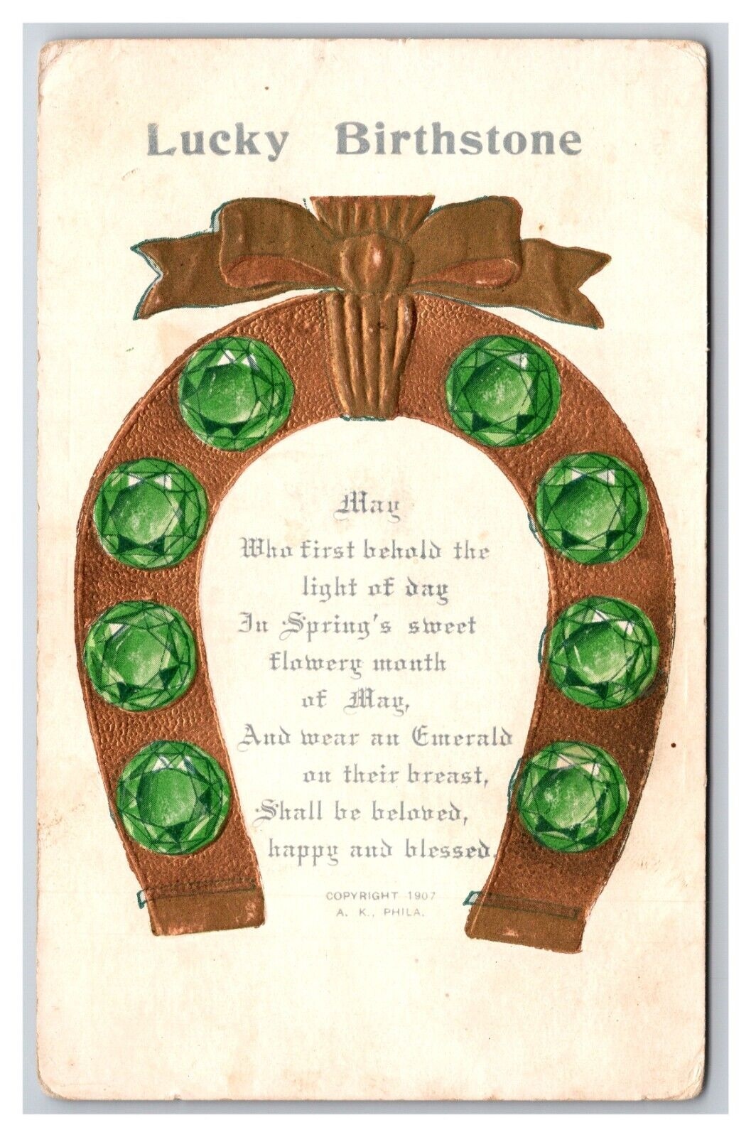 Lucky Birthstone May Emerald Horseshoe Gilt Embossed DB Postcard K18