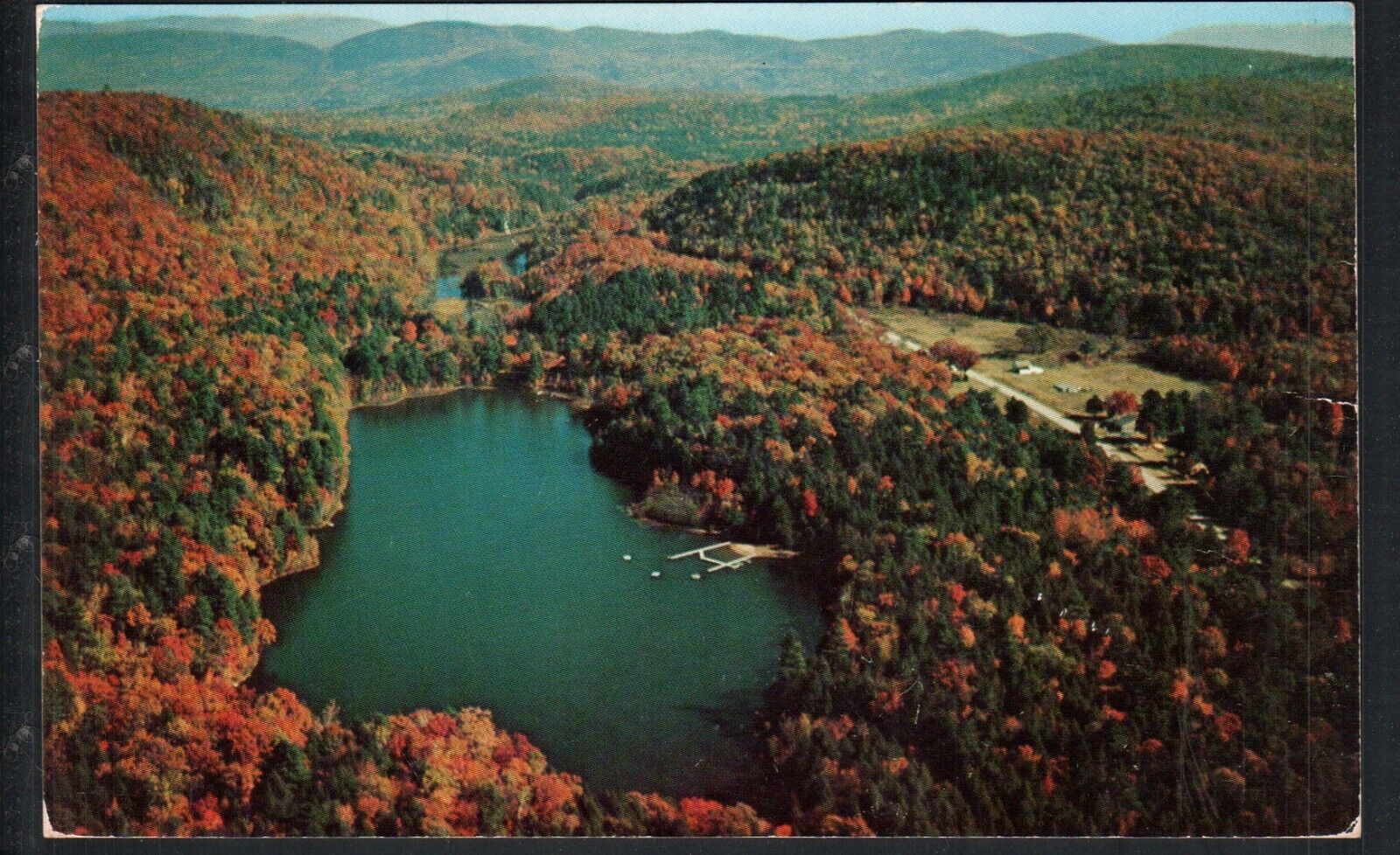 1957 HIDDEN LAKE GIRL SCOUT CAMP, NY * AERIAL VIEW * POSTED LAKE LUZERNE CHROME 
