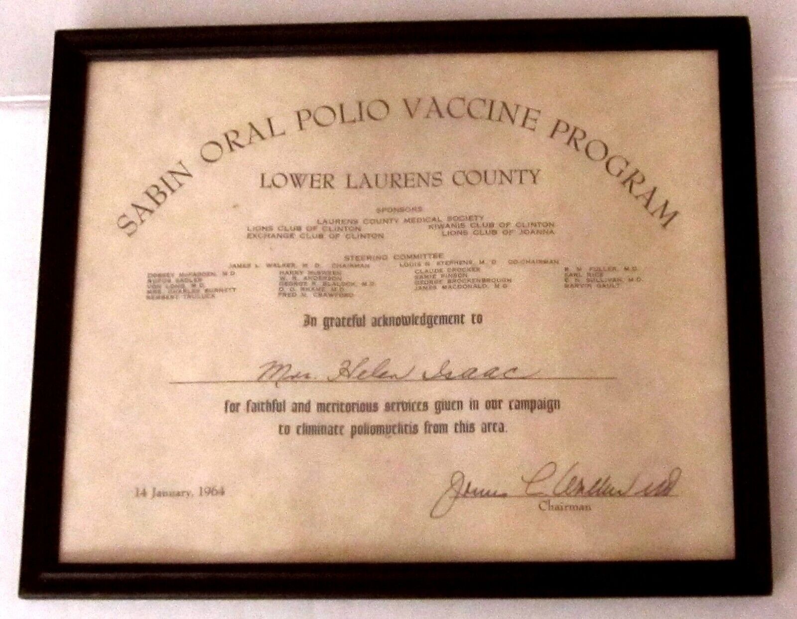 Sabin Oral Polio Vaccine Program 1964 Acknowledgement Laurens South Carolina