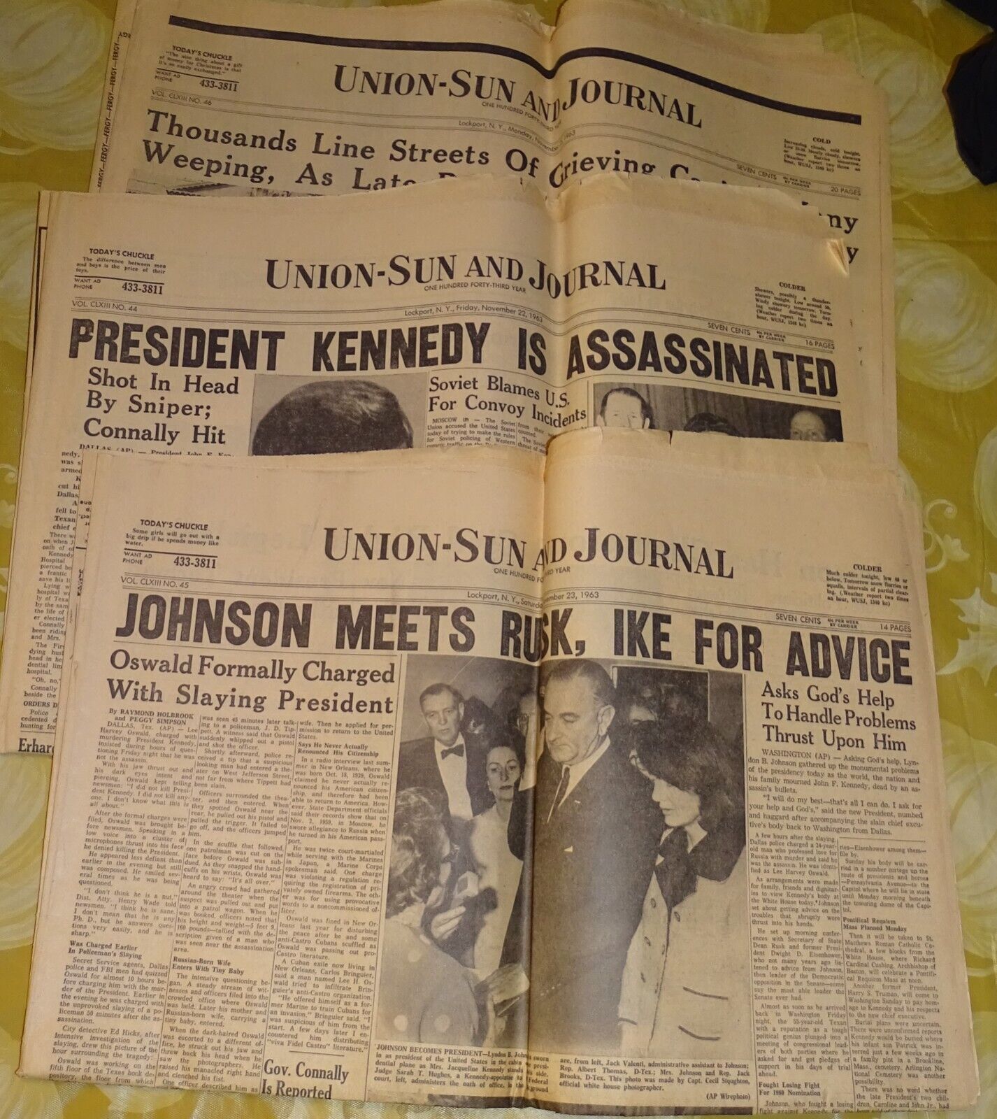 1963 Lockport NY Union-Sun Newspapers (Nov 22,23,25) JFK KILLED LBJ SWORN ETC.