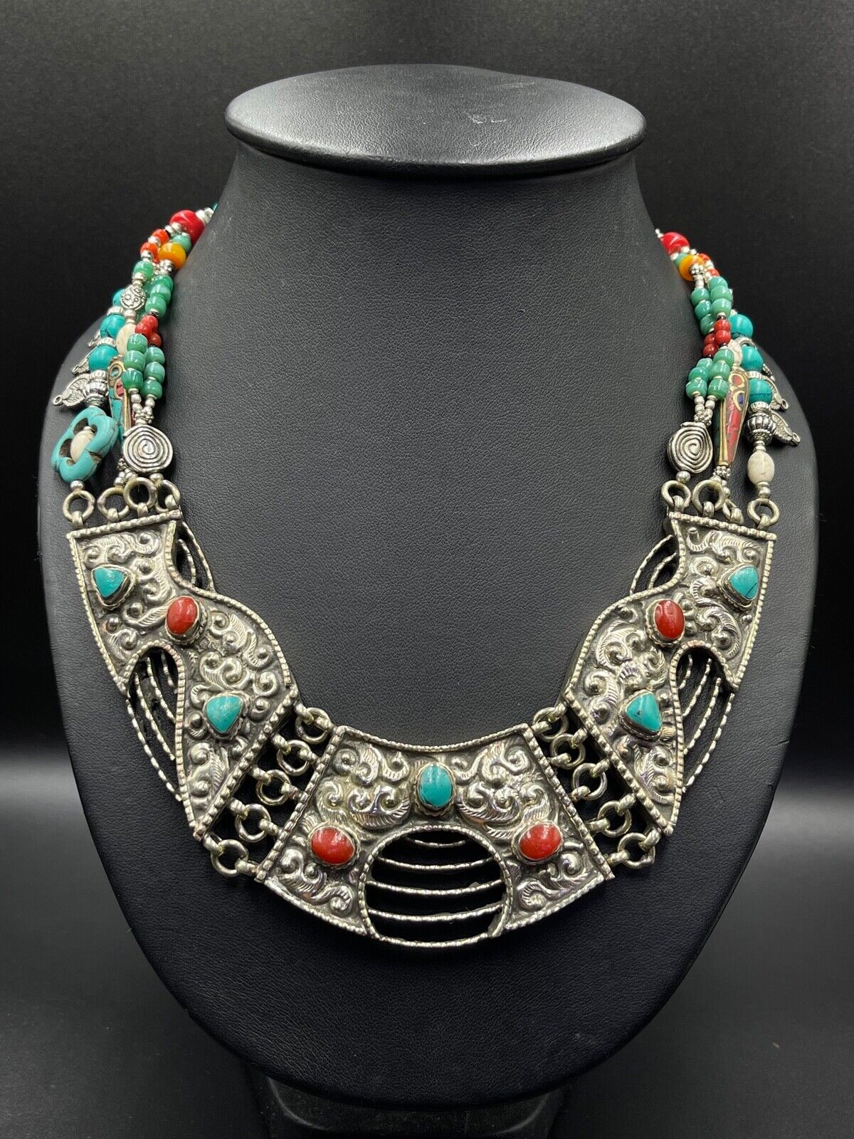 Amazing Handmade Tibetan Old Necklace With Natural Turquoise And Coral Stone