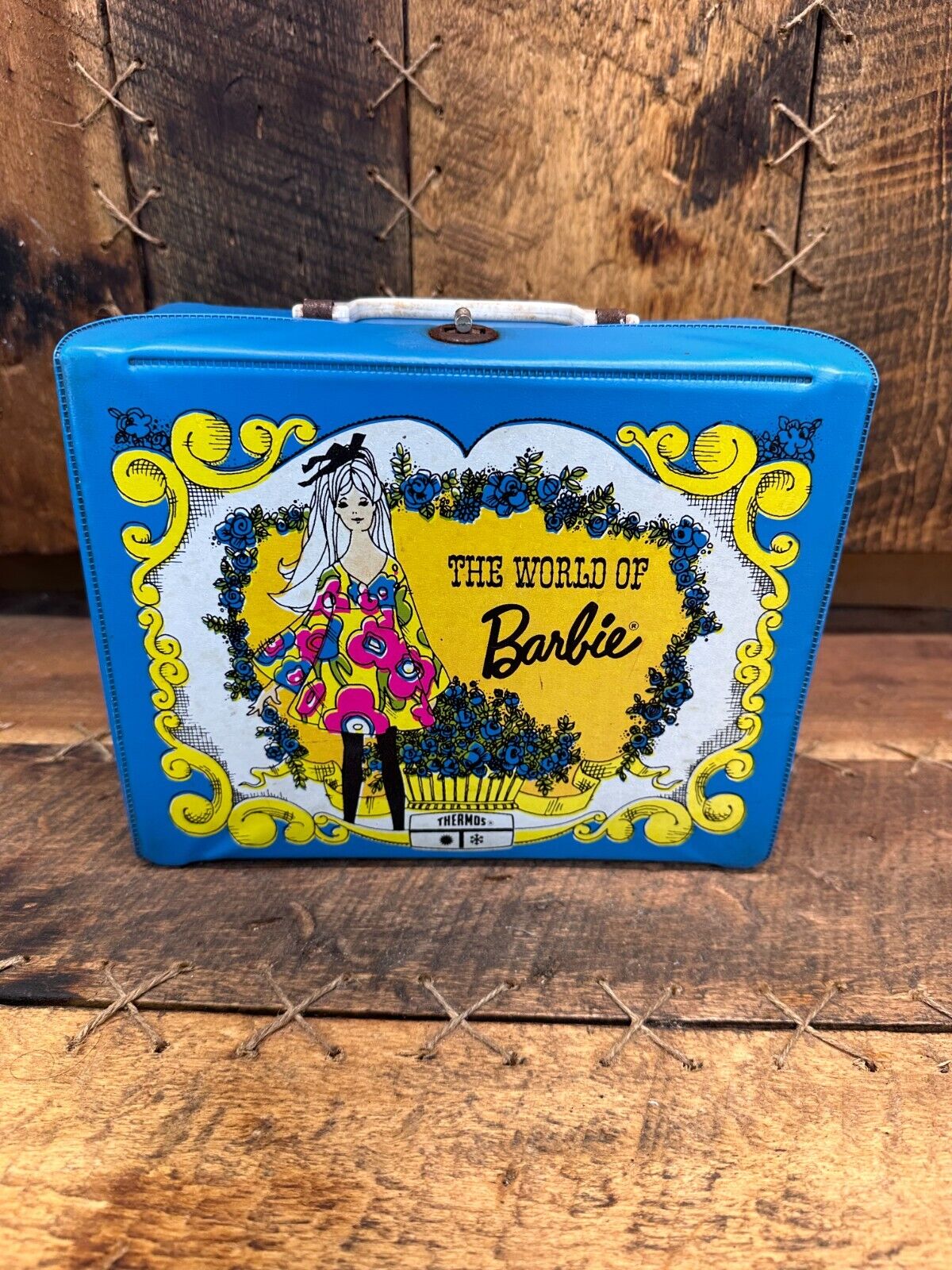 Vintage The World of Barbie 1971 Blue White Lunch Box & Thermos Twist Lock Metal