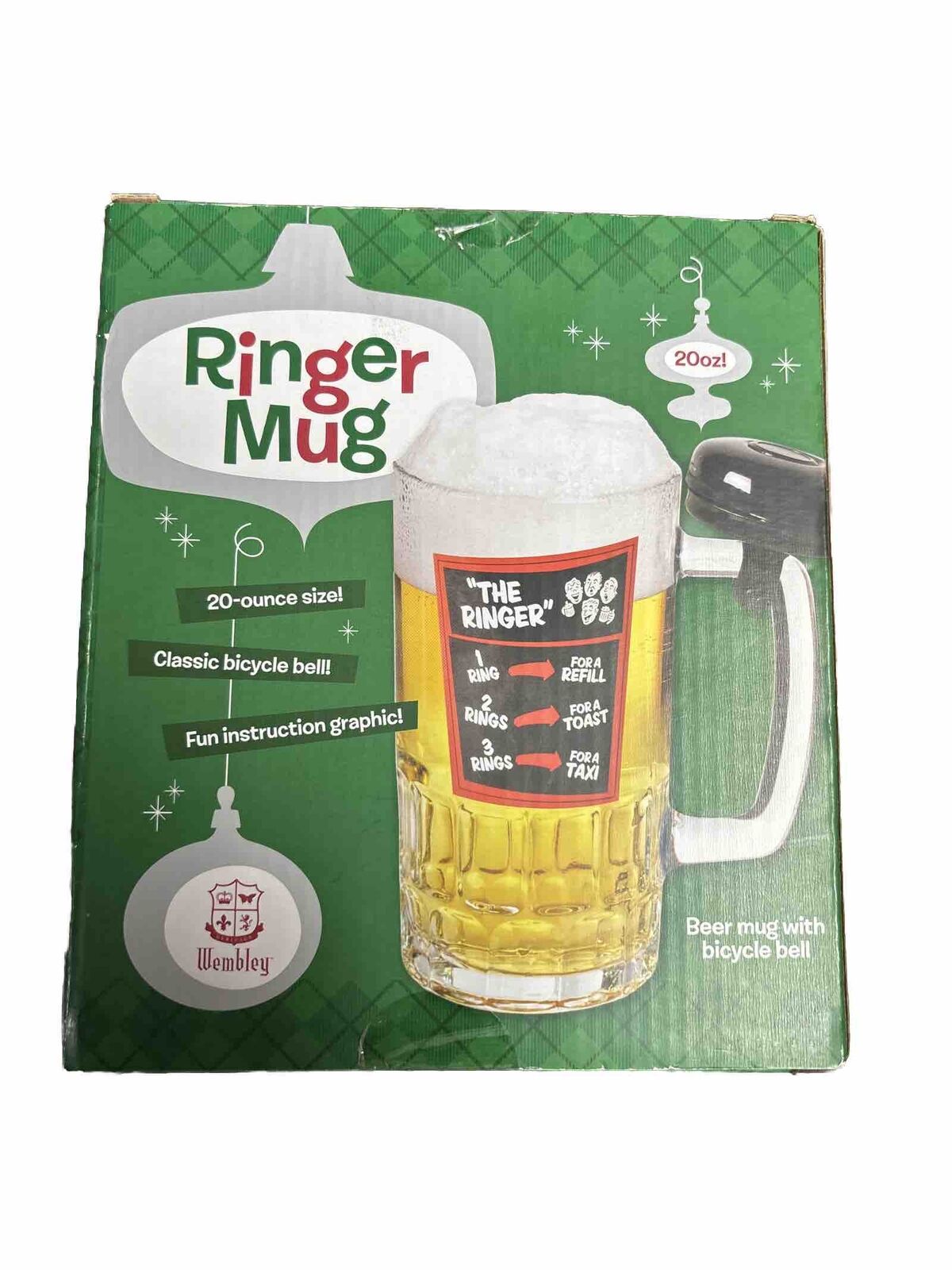 VTG Wembley The Ringer Beer Mug  W/ Bicycle Bell 20 oz Glass Man Cave new sealed